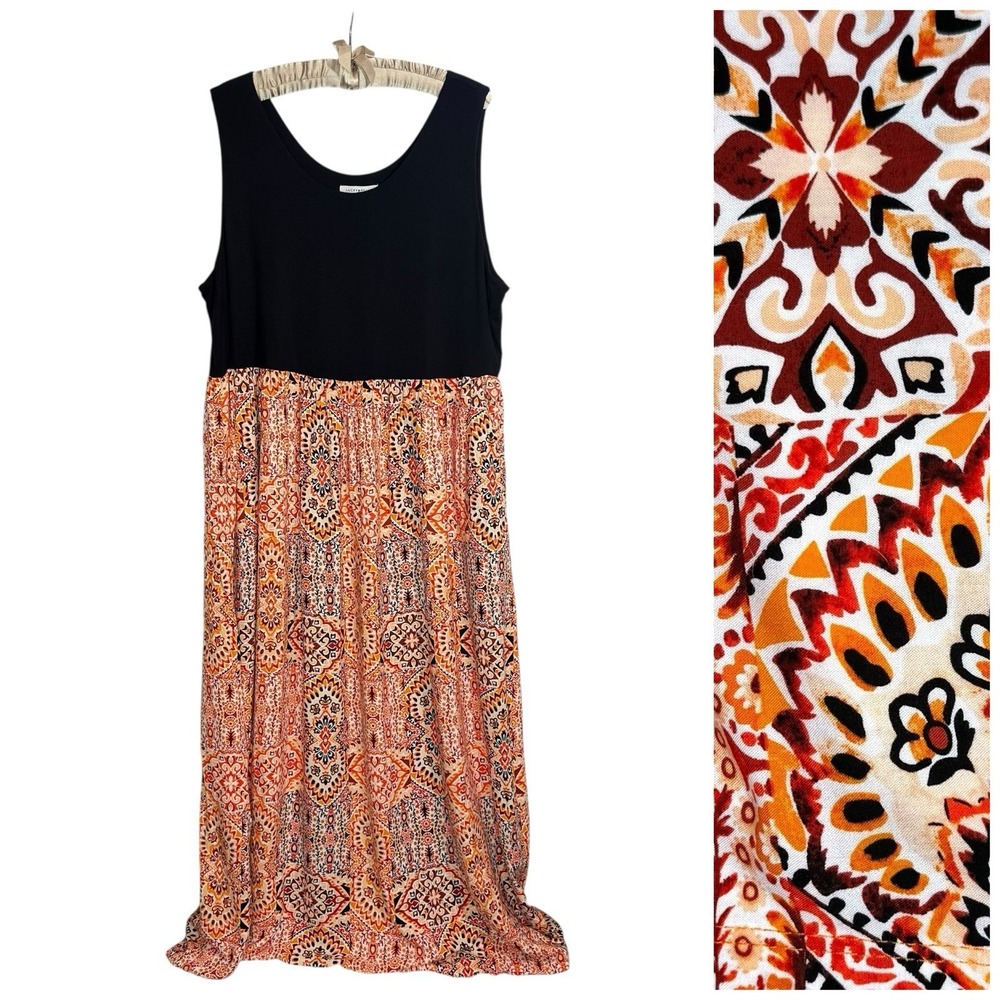 Lucky Brand‎ Boho Maxi Dress 2X Empire Waist Medallion Print Stretch Pockets